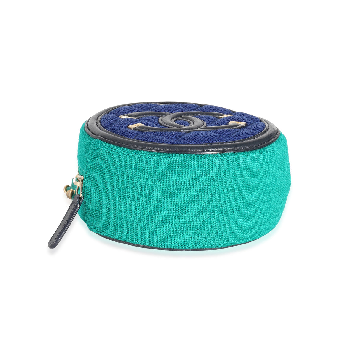 Chanel Blue Green Jersey Quilted Filigree Round Clutch
