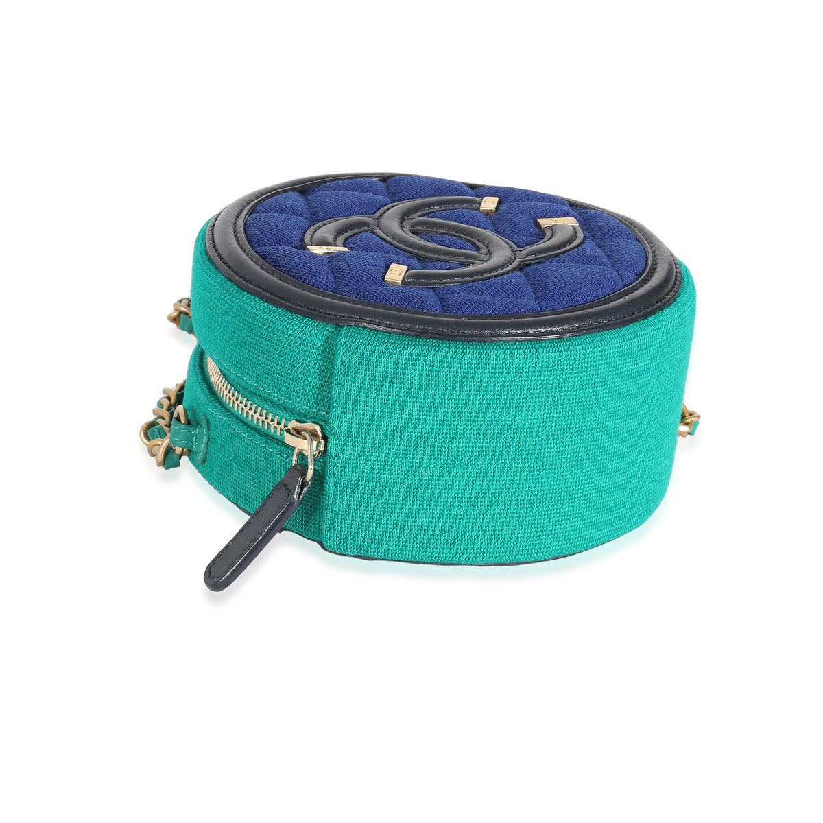 Chanel Blue Green Jersey Quilted Filigree Round Clutch
