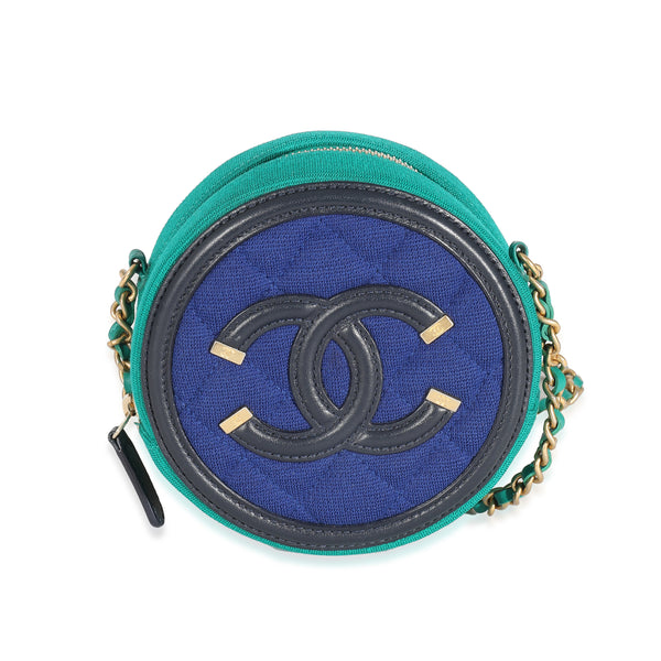 Chanel Blue Green Jersey Quilted Filigree Round Clutch