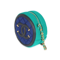 Chanel Blue Green Jersey Quilted Filigree Round Clutch