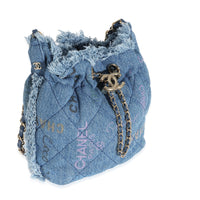 Chanel Blue Quilted Fringe Denim Logo Mood Chain Bucket Bag