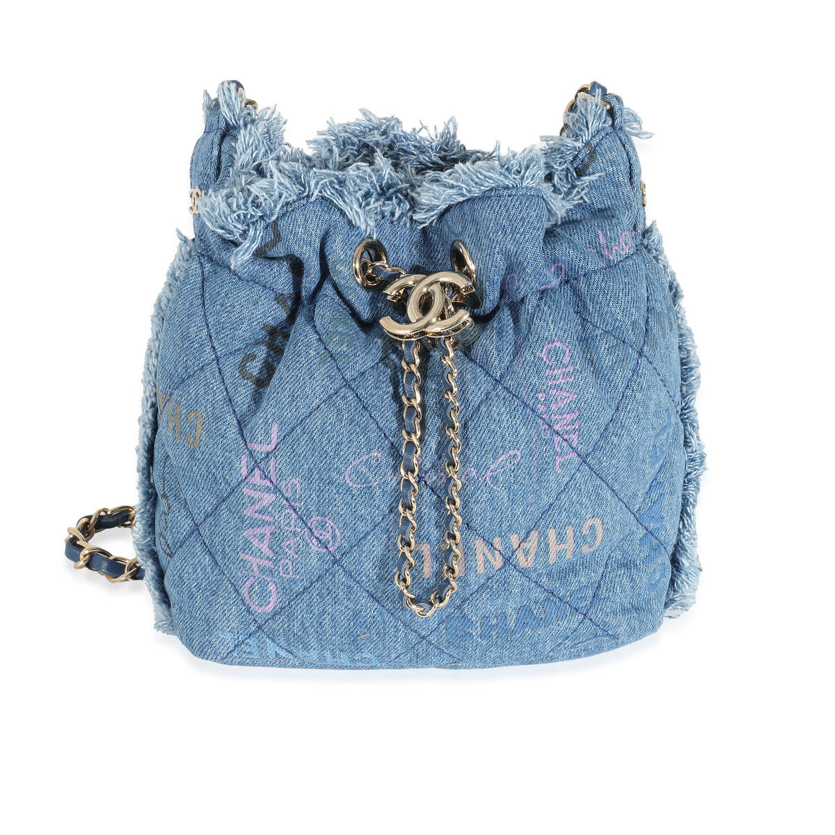 Chanel Blue Quilted Fringe Denim Logo Mood Chain Bucket Bag