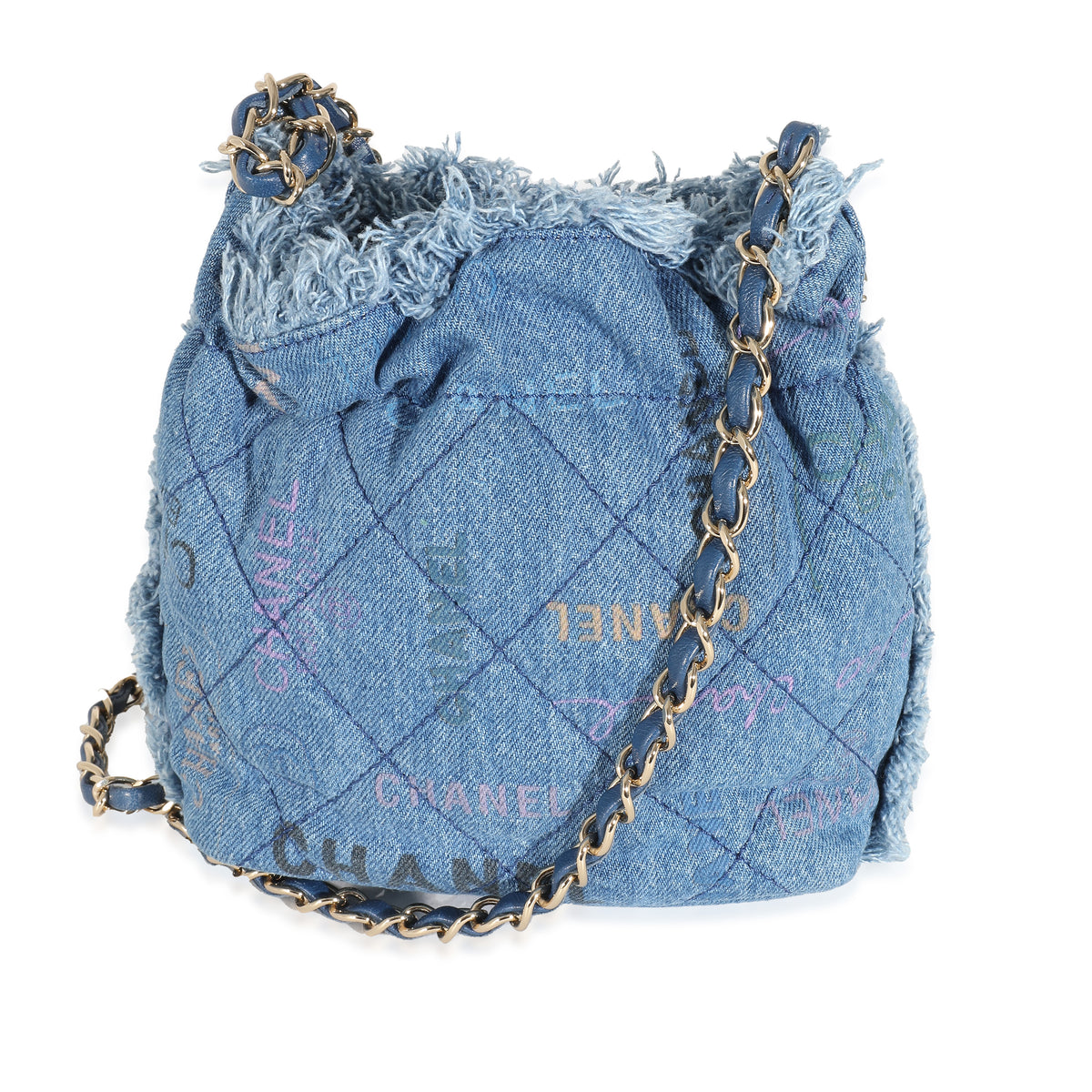 Chanel Blue Quilted Fringe Denim Logo Mood Chain Bucket Bag