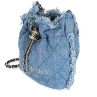 Chanel Blue Quilted Fringe Denim Logo Mood Chain Bucket Bag