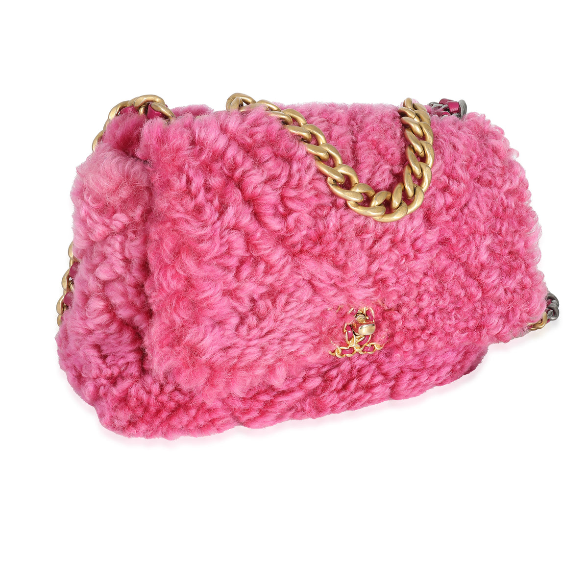 Chanel Pink Shearling Sheepskin Medium Chanel 19 Flap Bag