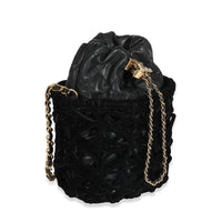 Chanel Black Braided Velvet Goatskin Drawstring CC Bucket Bag