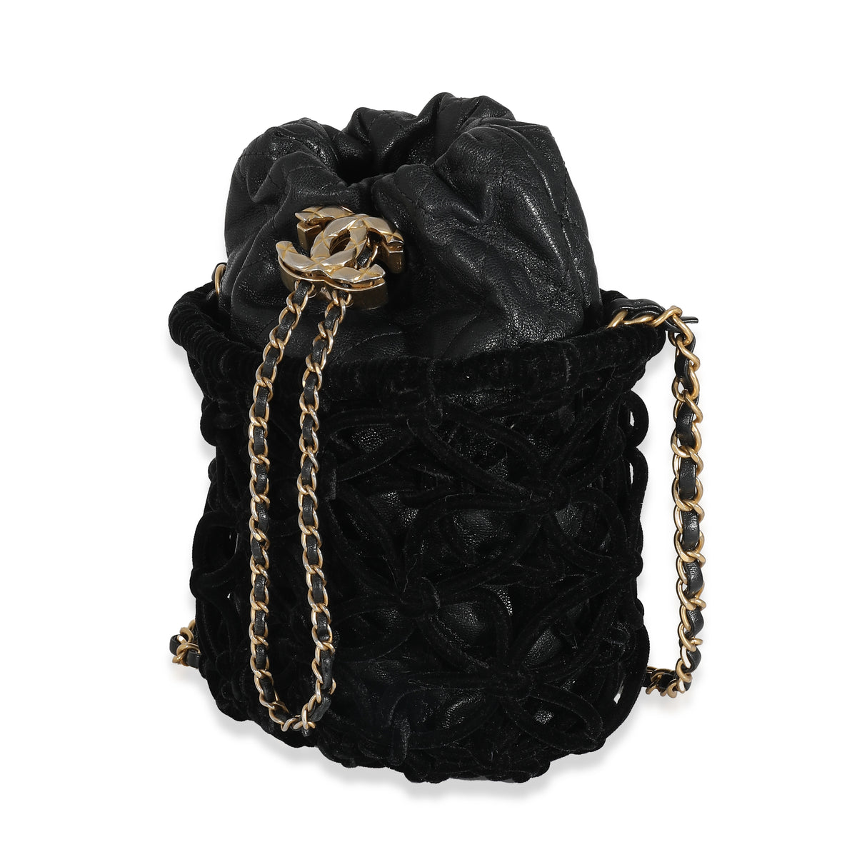 Chanel Black Braided Velvet Goatskin Drawstring CC Bucket Bag