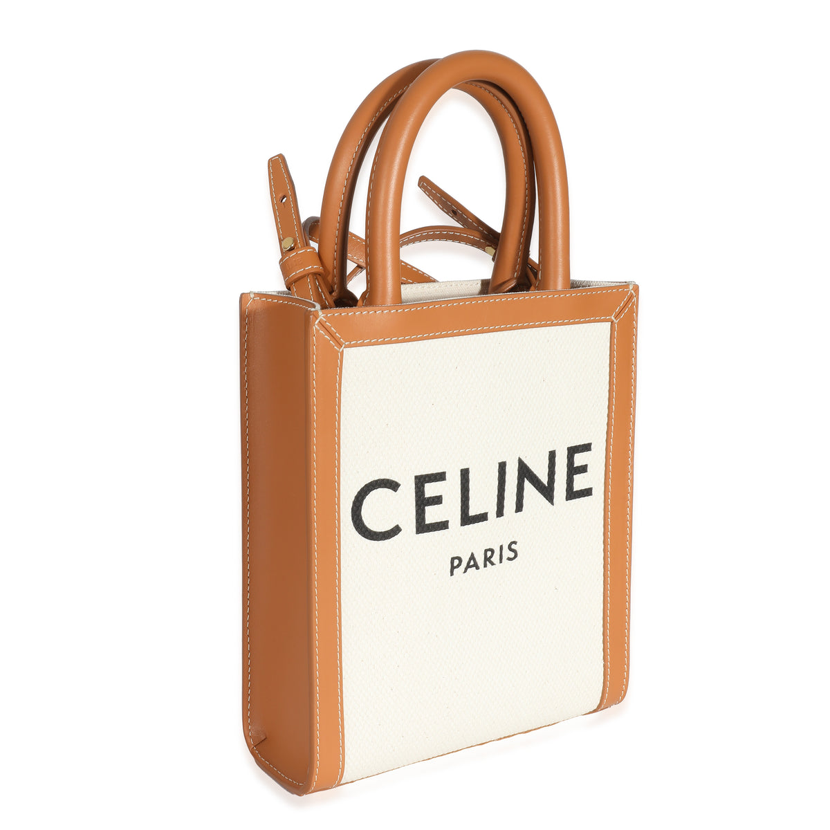 Celine Natural Canvas Tan Calfskin Mini Vertical Cabas