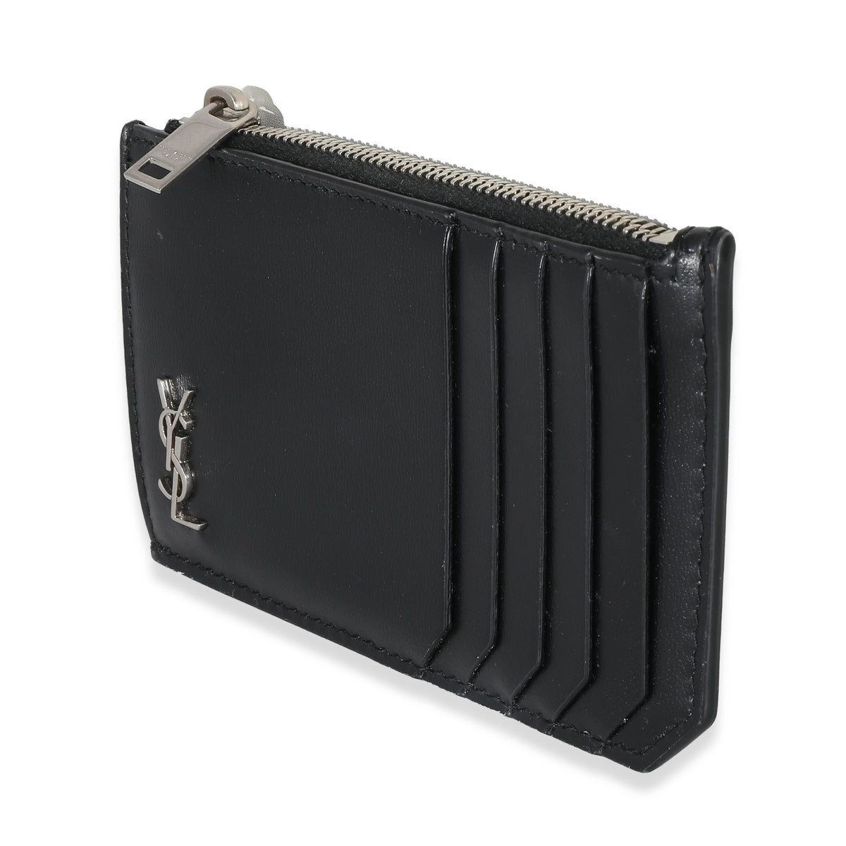 Saint Laurent Black Leather Tiny Cassandre Zipped Fragments Card Case