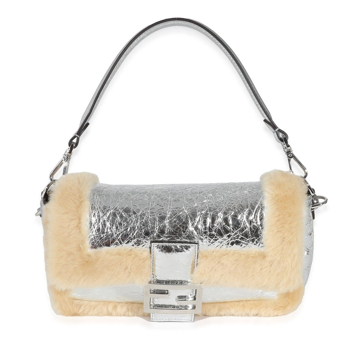 Fendi Craquelé Silver Sheepskin Medium Iconic Baguette Bag