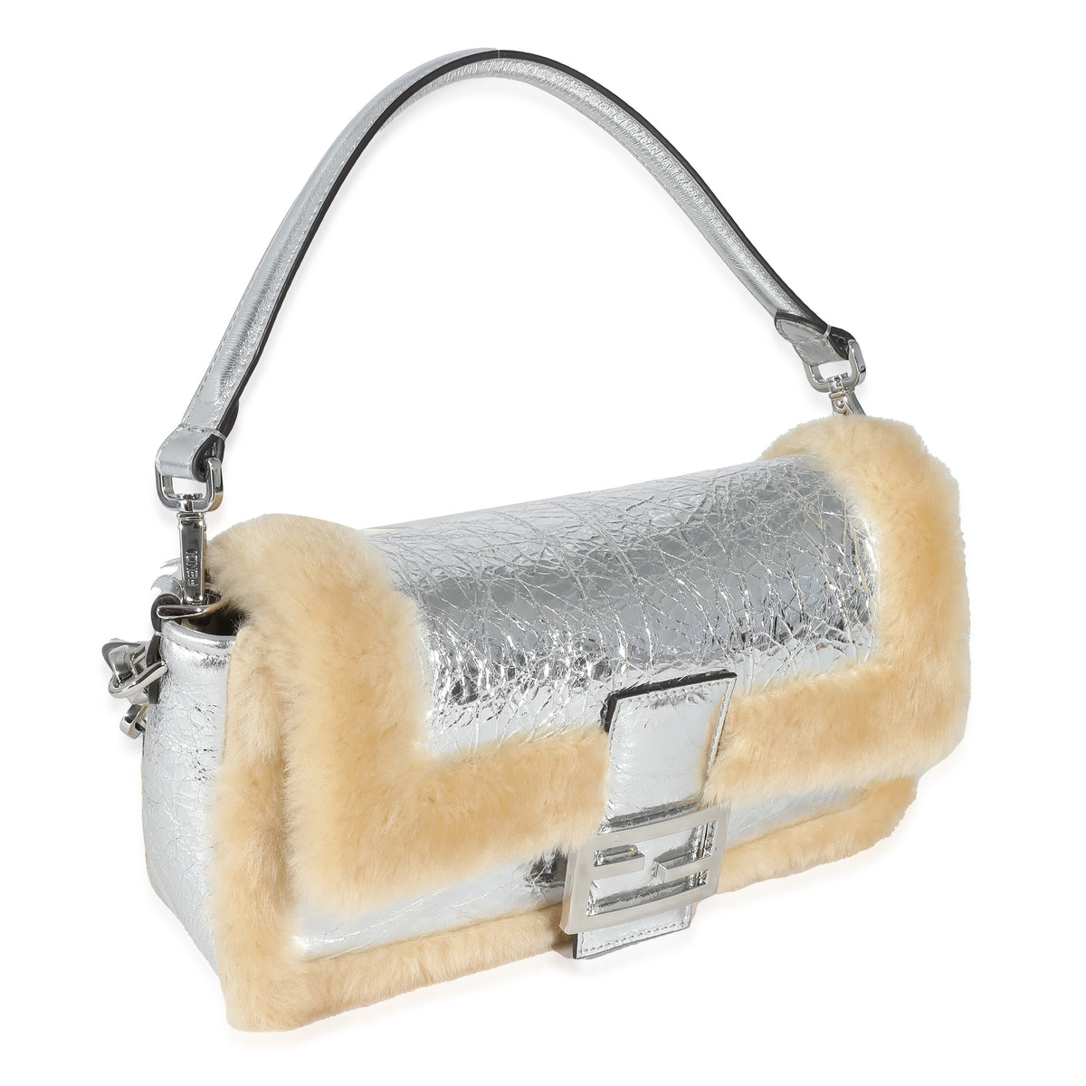 Fendi Craquelé Silver Sheepskin Medium Iconic Baguette Bag