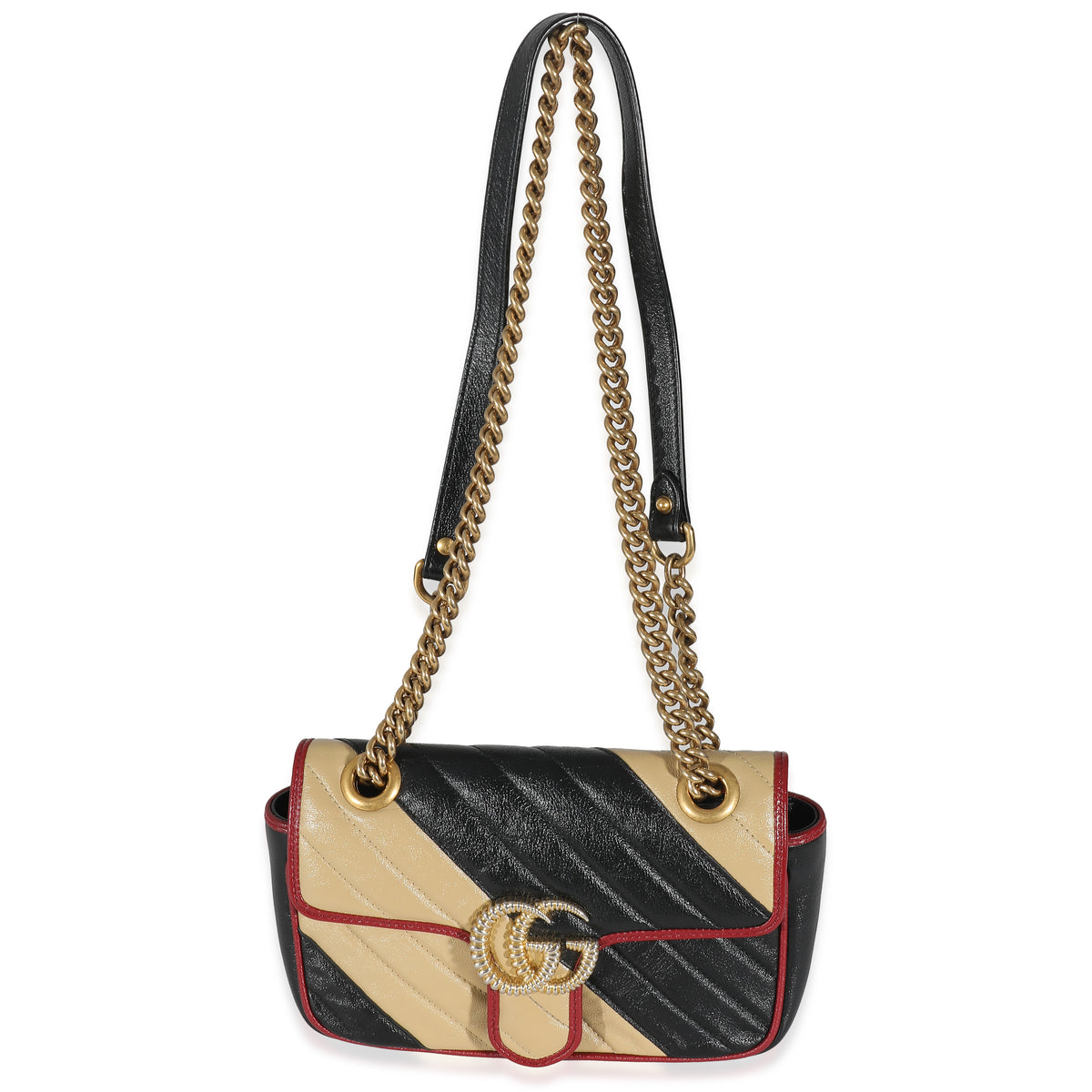 Gucci Black Beige Diagonal Calfskin Matelasse Mini Torchon GG Marmont Bag