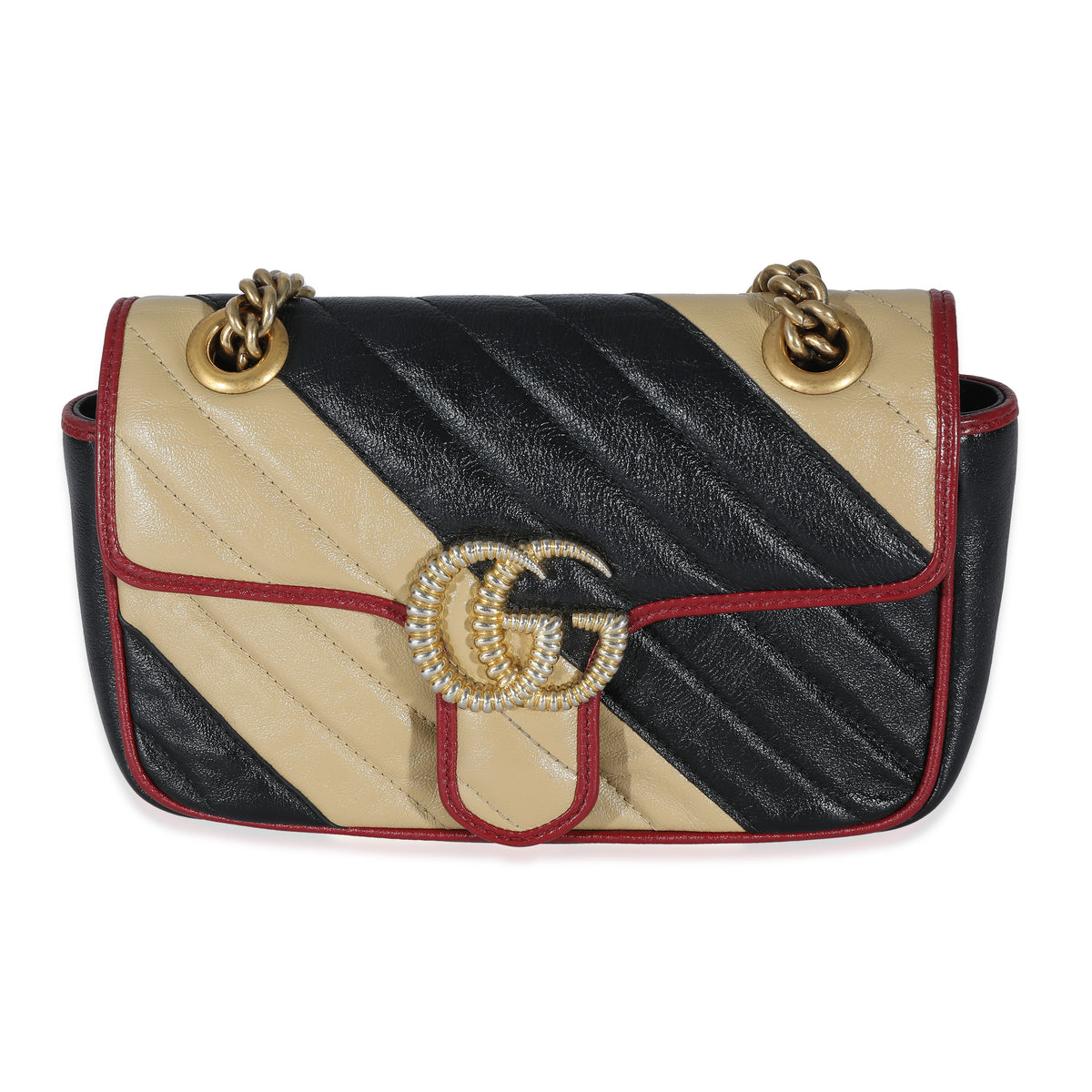 Gucci Black Beige Diagonal Calfskin Matelasse Mini Torchon GG Marmont Bag