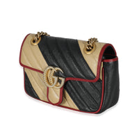 Gucci Black Beige Diagonal Calfskin Matelasse Mini Torchon GG Marmont Bag