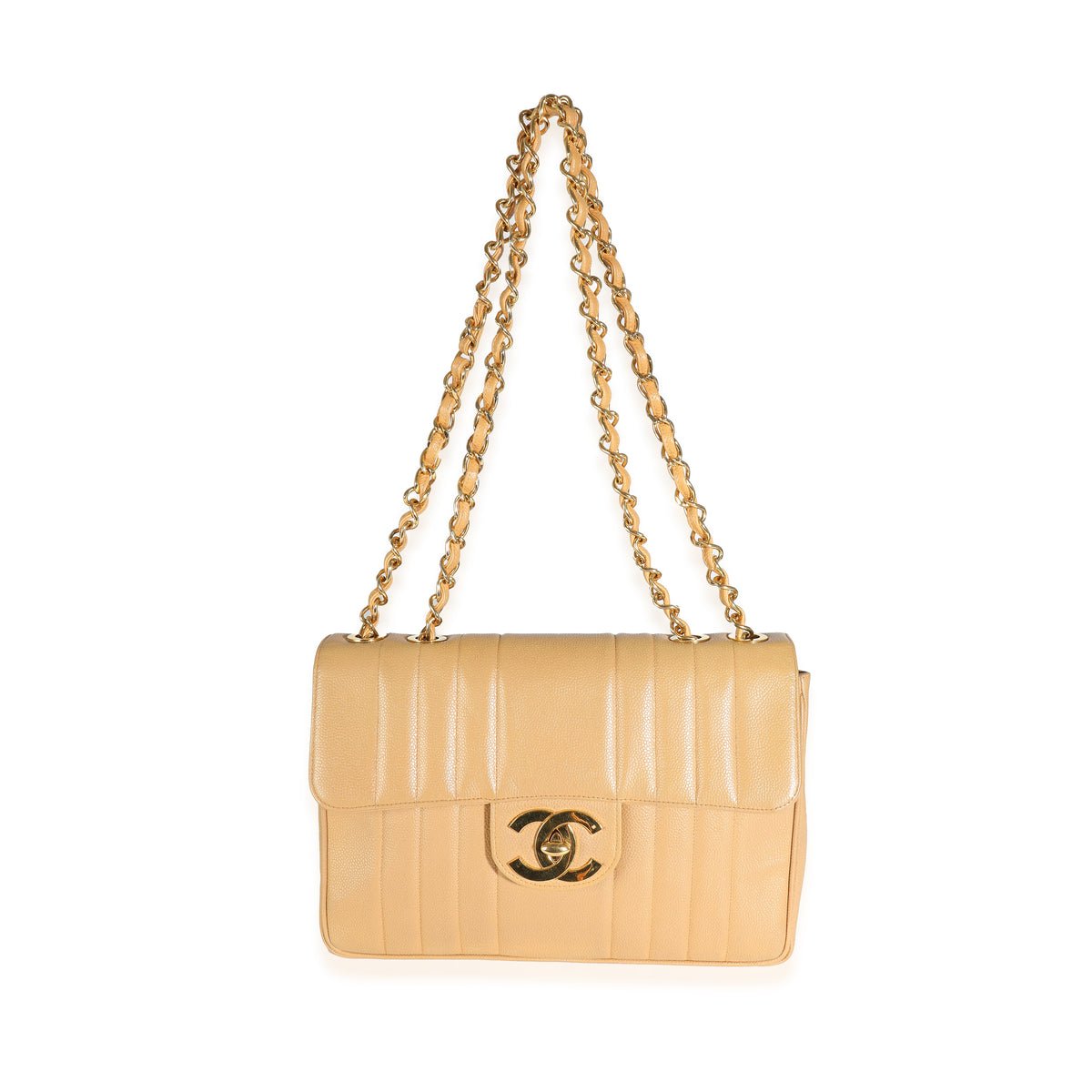 Chanel 24K Vintage Beige Vertical Quilted Caviar XL Maxi Flap Bag