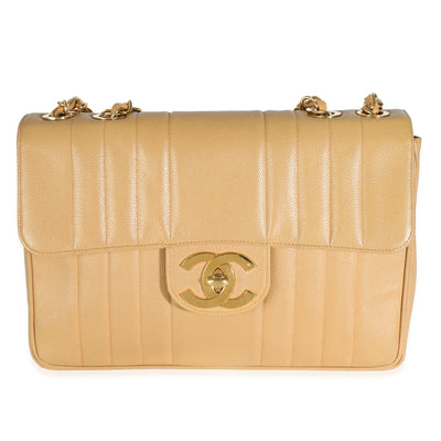 Chanel 24K Vintage Beige Vertical Quilted Caviar XL Maxi Flap Bag