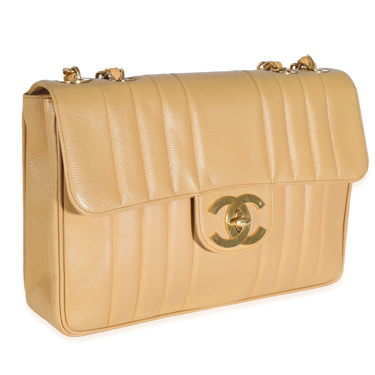 Chanel 24K Vintage Beige Vertical Quilted Caviar XL Maxi Flap Bag