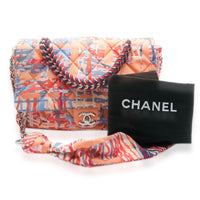 Chanel Orange Foulard Fabric Quilted Printed Large Flap