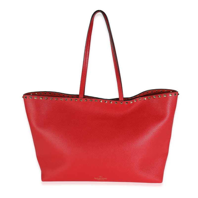 Valentino Red Pebbled Leather Rockstud Shopper Tote