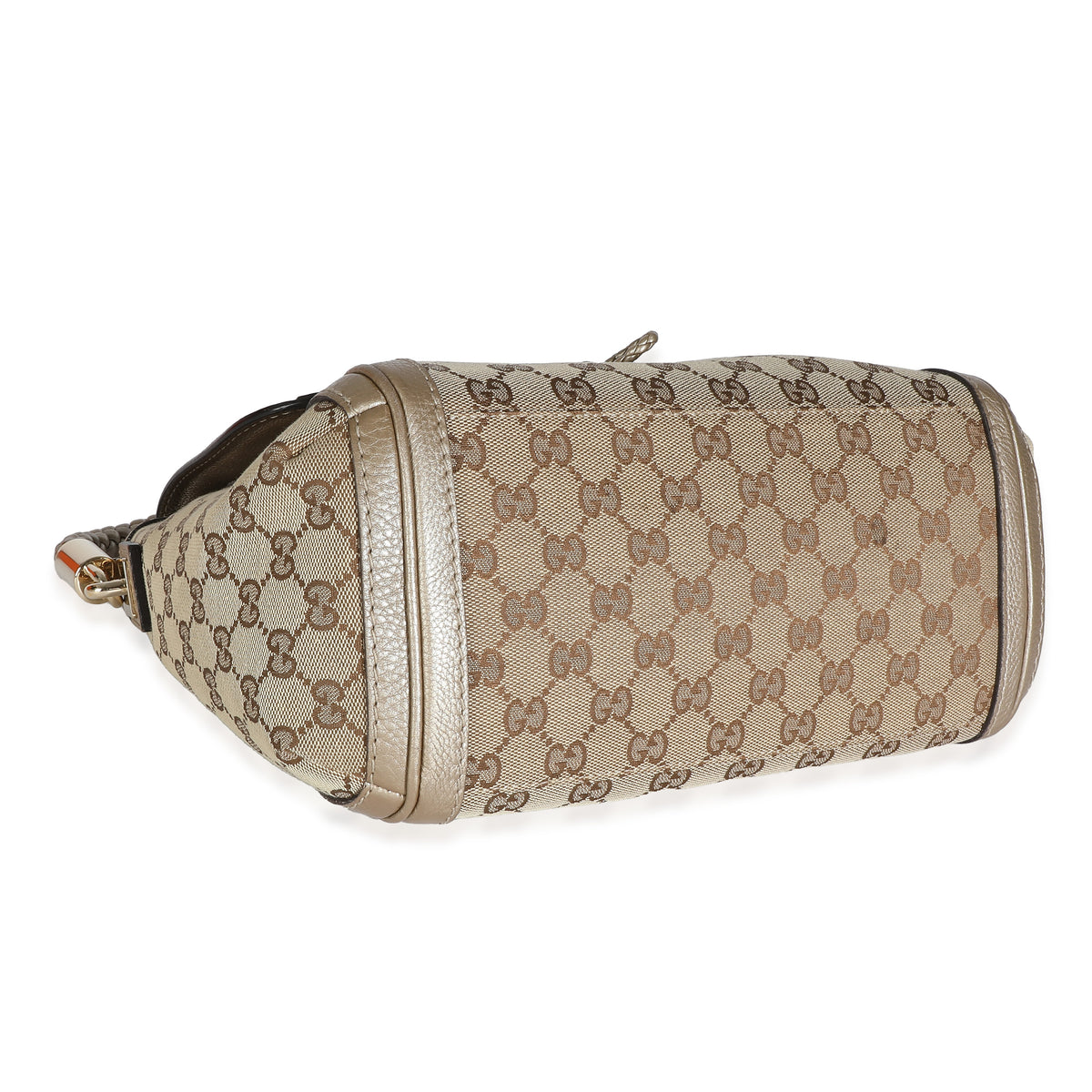 Gucci Champagne Calfskin Beige GG Canvas Medium Bella Flap Bag