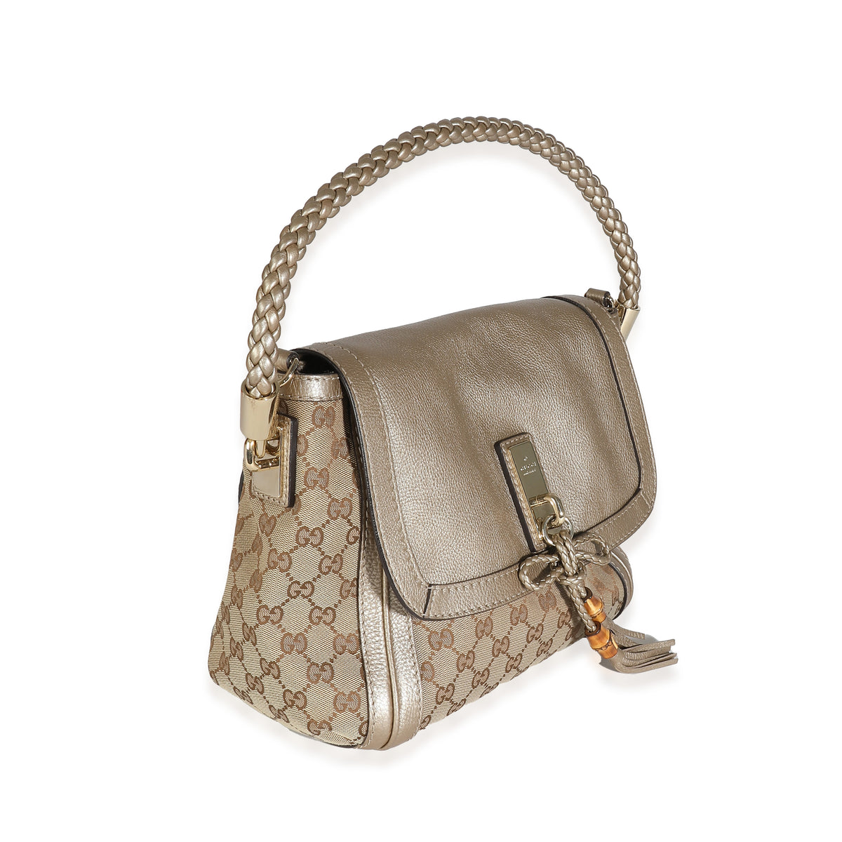 Gucci Champagne Calfskin Beige GG Canvas Medium Bella Flap Bag