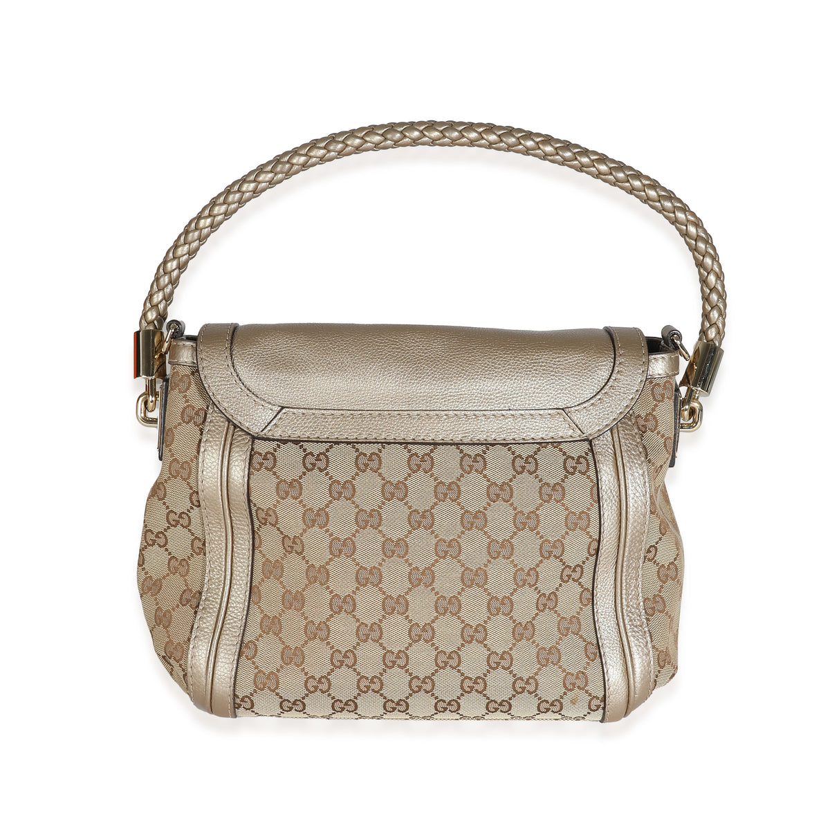 Gucci Champagne Calfskin Beige GG Canvas Medium Bella Flap Bag