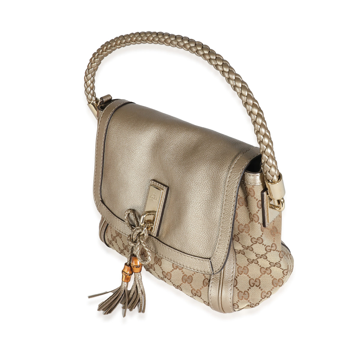 Gucci Champagne Calfskin Beige GG Canvas Medium Bella Flap Bag