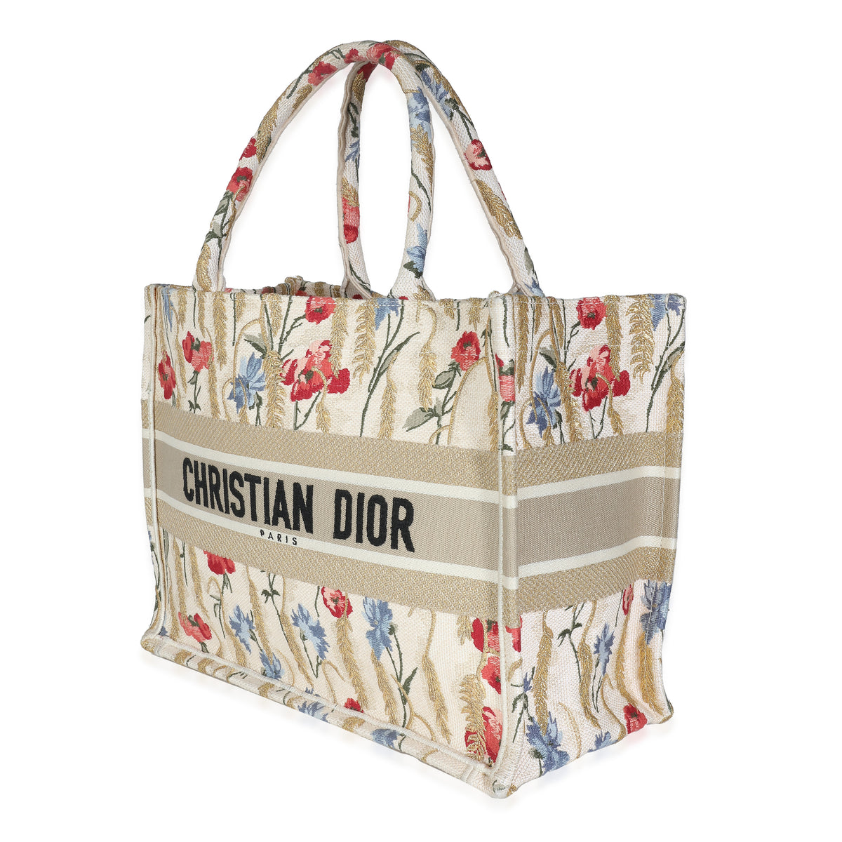 Christian Dior Beige Multicolor Canvas Embroidered Hibiscus Medium Book Tote