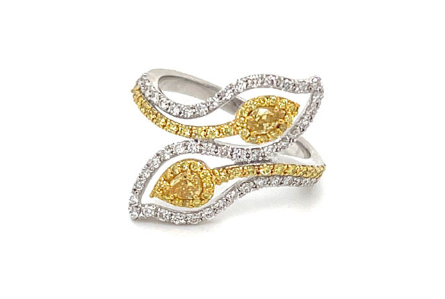 Fancy Yellow & White Diamond Leaf Shape Bypass Ring in 18K White Gold, 0.90 Ctw