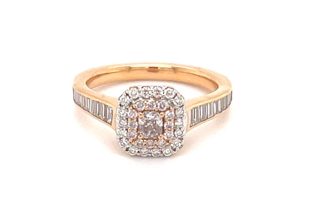 Pink Diamond Engagement Ring with Baguette Side Stones in 18K Rose Gold