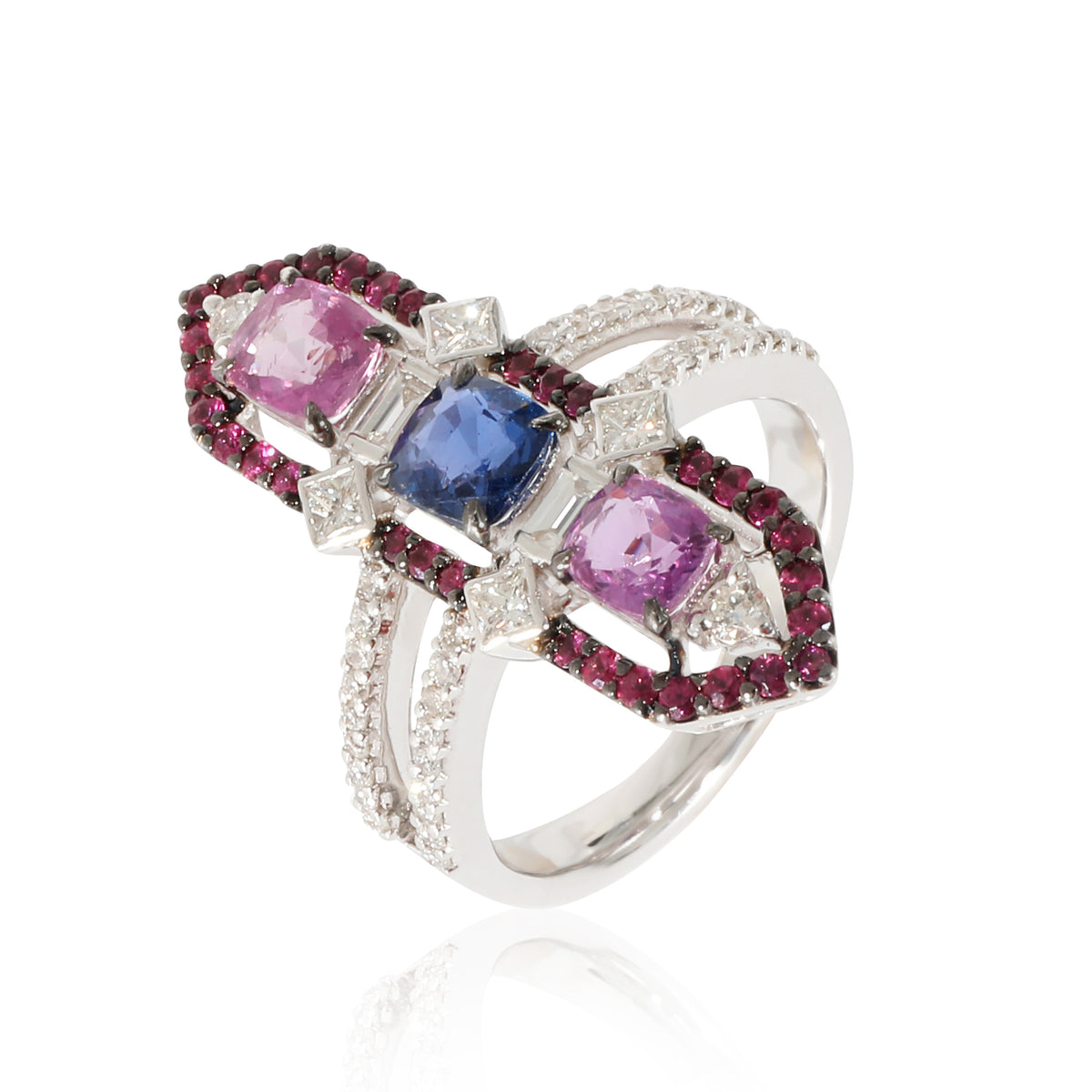 Sapphire, Ruby & Diamond Cocktail  Ring in 18K White Gold (1.09 CTW)