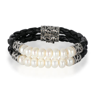 Sterling Silver Two-Row Cultured Pearl & Leather Bracelet