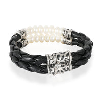 Sterling Silver Two-Row Cultured Pearl & Leather Bracelet