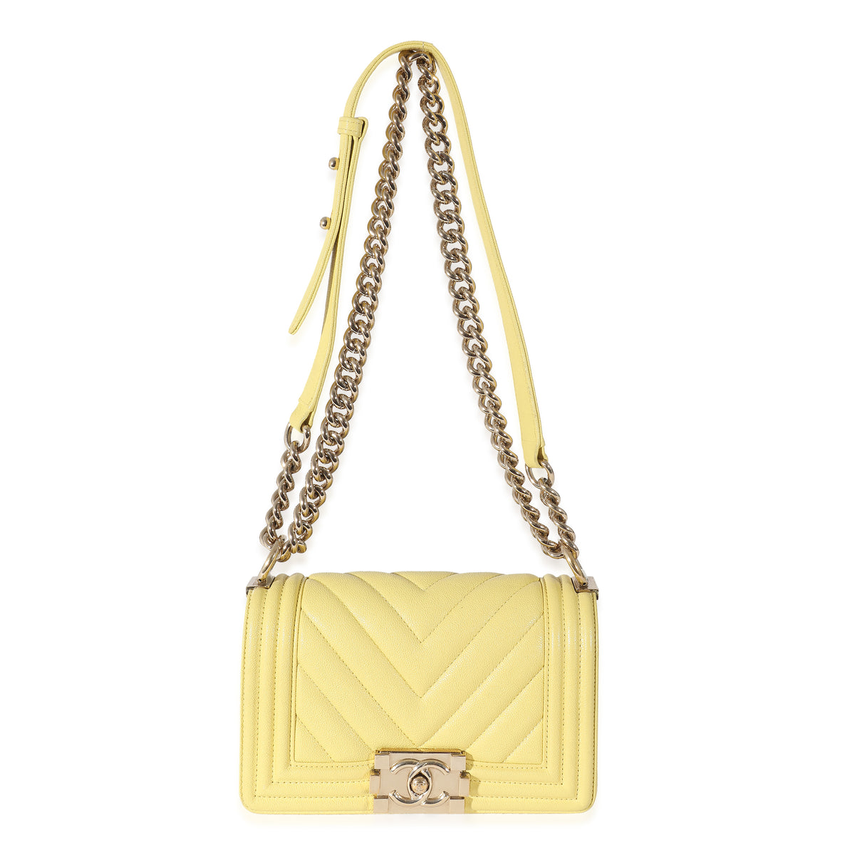 Chanel Yellow Caviar Chevron Small Boy Bag