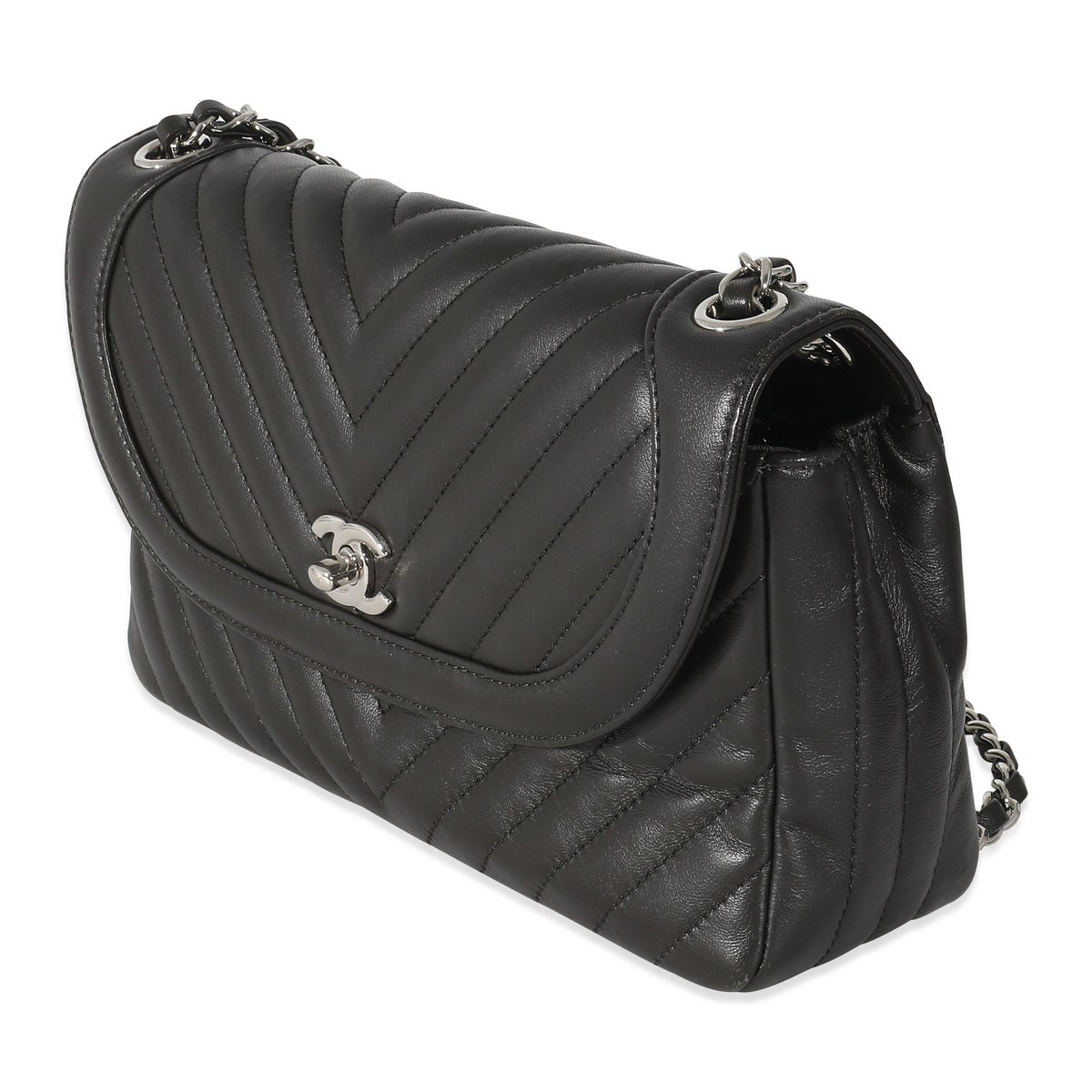 Chanel Black Chevron Lambskin Round CC Chain Flap Bag