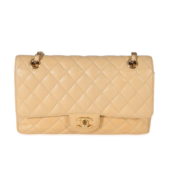 Caviar Quilted Medium Double Flap Beige