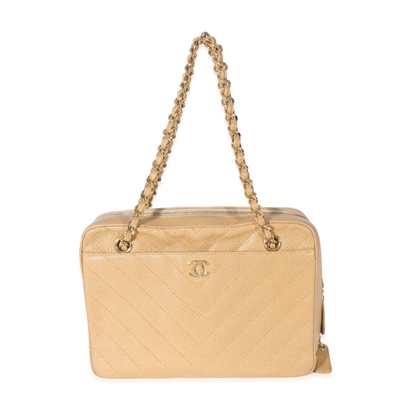 Chanel Vintage Beige Caviar Chevron CC Shoulder Bag