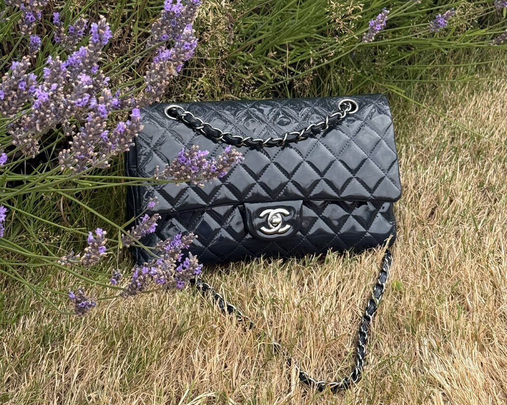 Navy blue patent Chanel classic flap bag